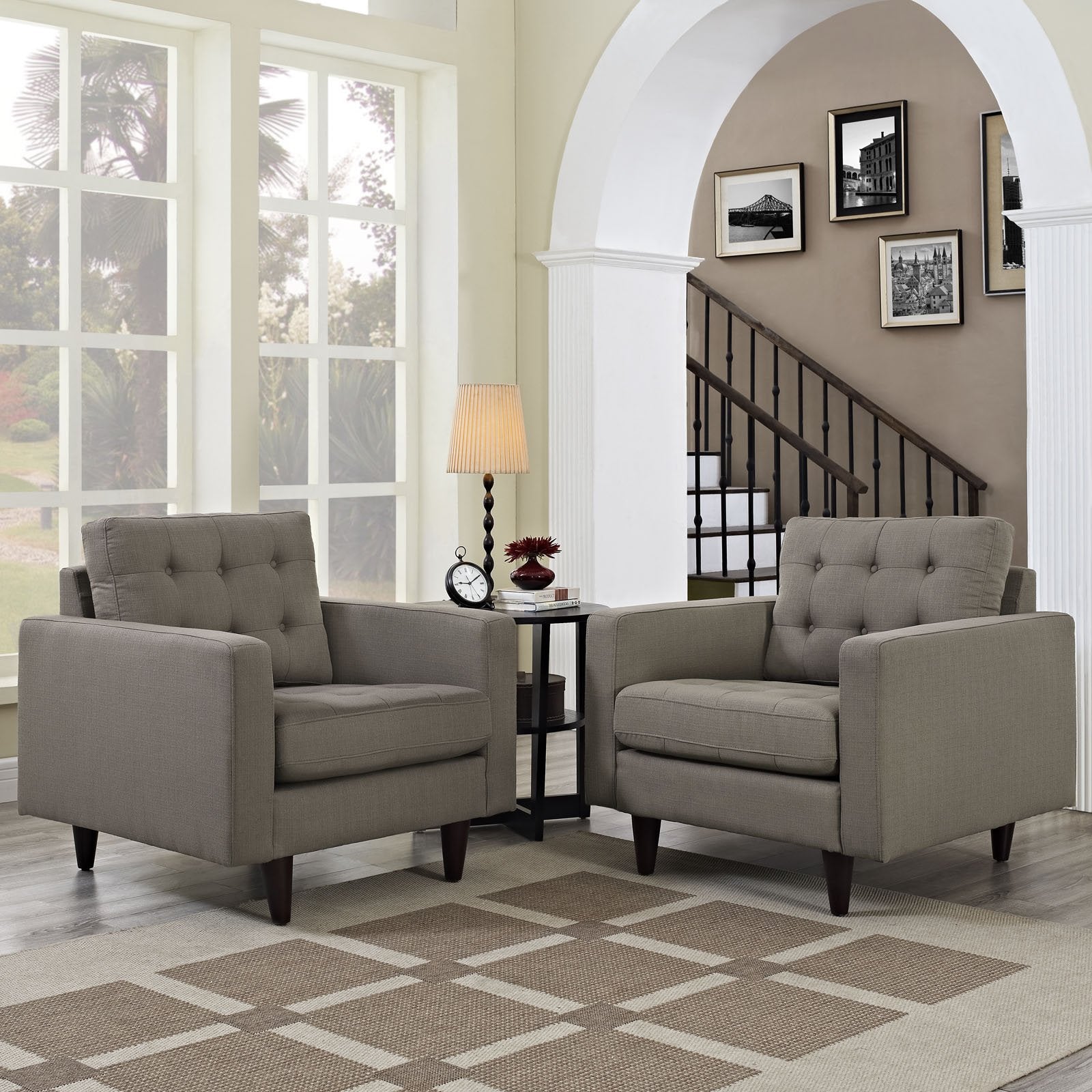 Modway Empress Mid-Century Modern Upholstered Fabric Two Armchair Set In Granite